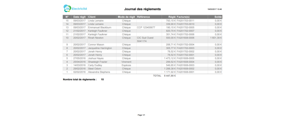 Journal des règlements clients