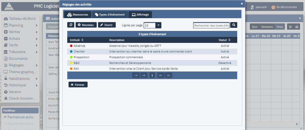 PMC Logiciels - types d'événements (activités)