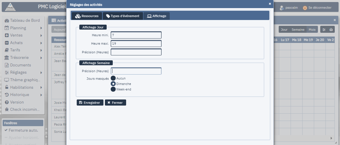 PMC Logiciels - réglage de l'affichage (activités)