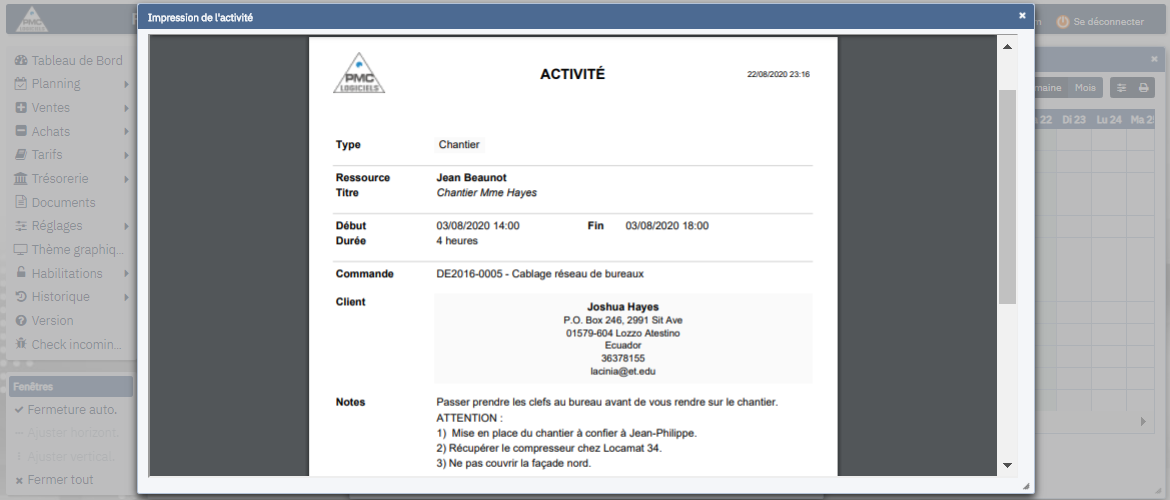 PMC Logiciels - Impression individuelle activité