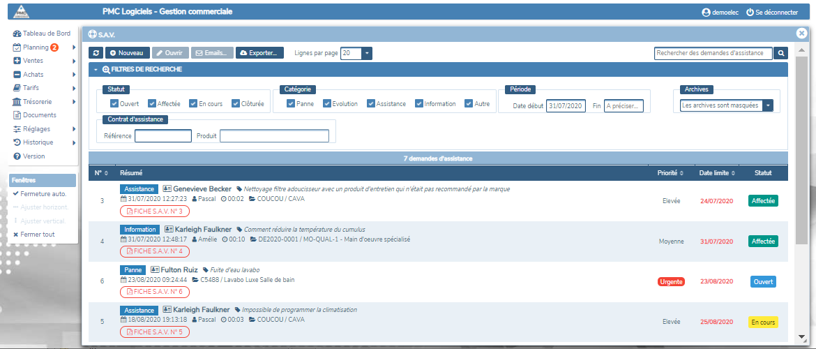 Tableau de suivi des demandes SAV