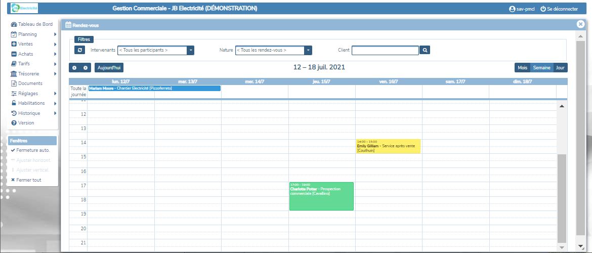 Calendrier hebdomadaire des rendez-vous