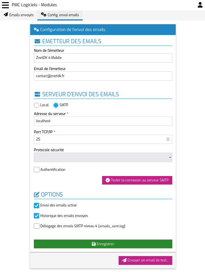 Configuration des envois de mails