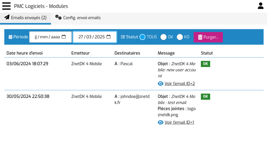 Historique des mails envoyés
