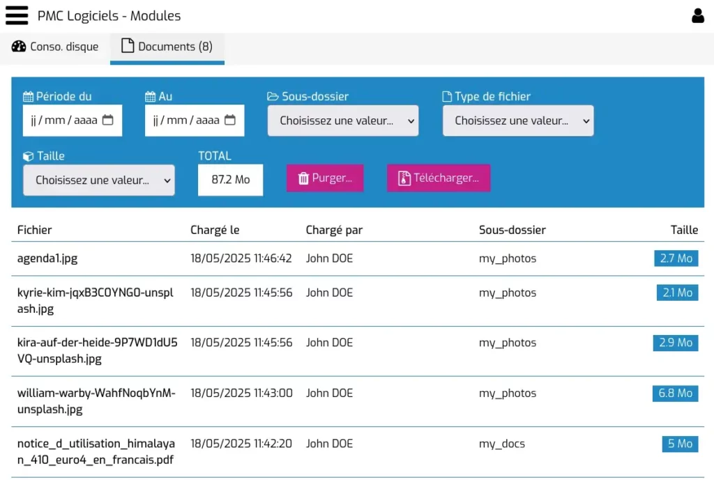 Téléchargement et purge des photos et documents