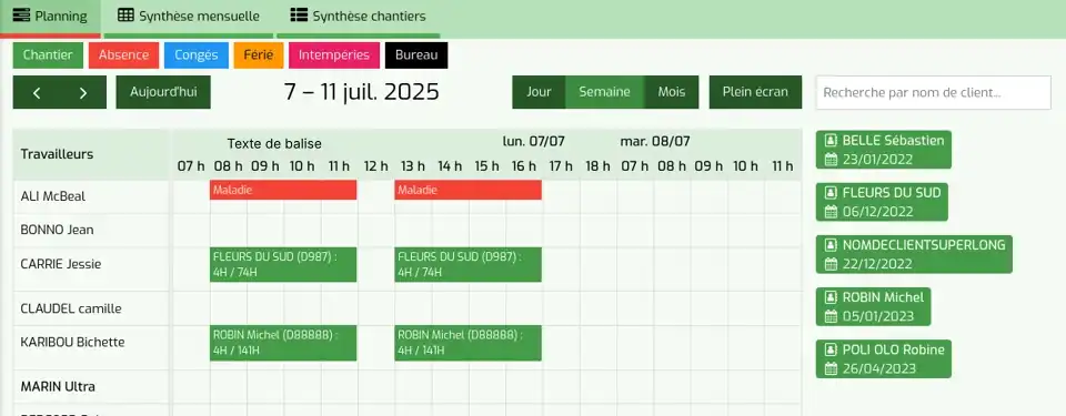 Planning de chantiers