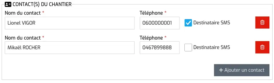 Choix du destinataire des SMS