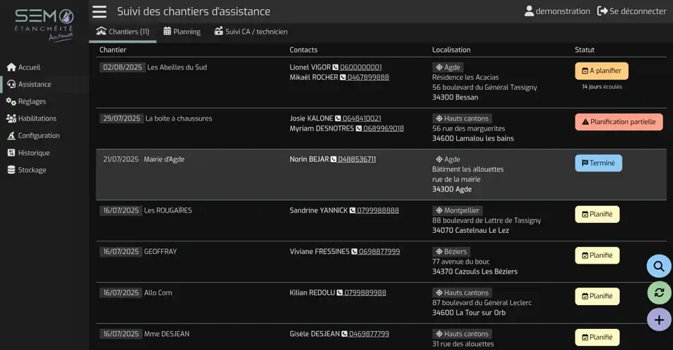 Liste des chantiers d'assistance
