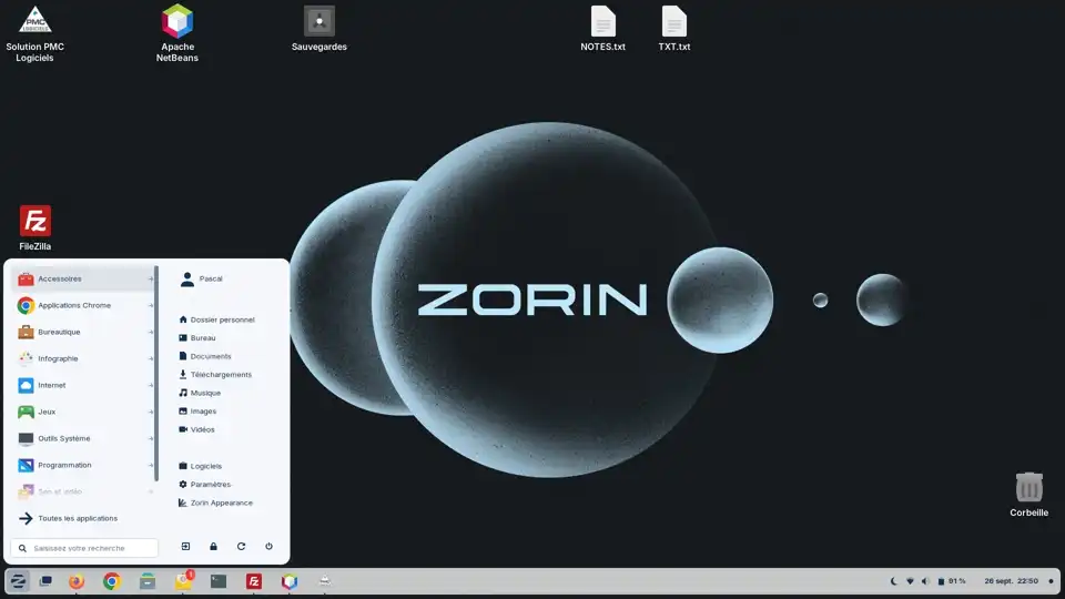 Zorin OS - bureau, bouton et menu démarrer